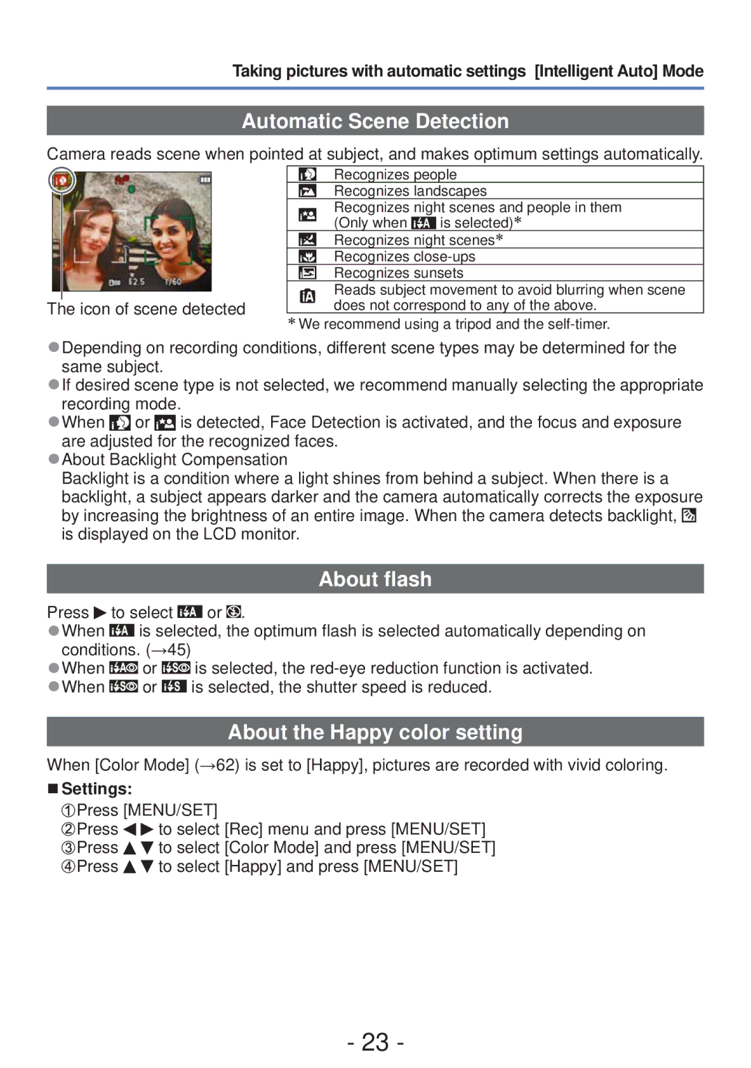 Panasonic DMC-S5, DMC-FH4 owner manual Automatic Scene Detection, About flash, About the Happy color setting, Settings 