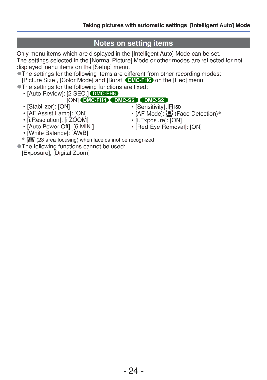 Panasonic DMC-FH4, DMC-S5 owner manual Following functions cannot be used Exposure, Digital Zoom 