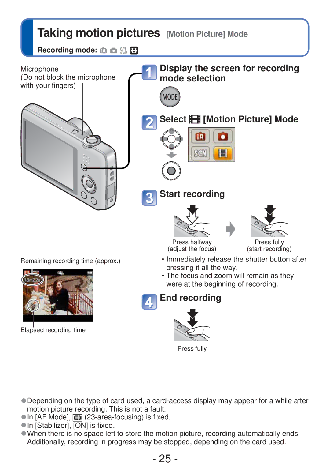 Panasonic DMC-S5, DMC-FH4 owner manual End recording, Microphone Do not block the microphone with your fingers 