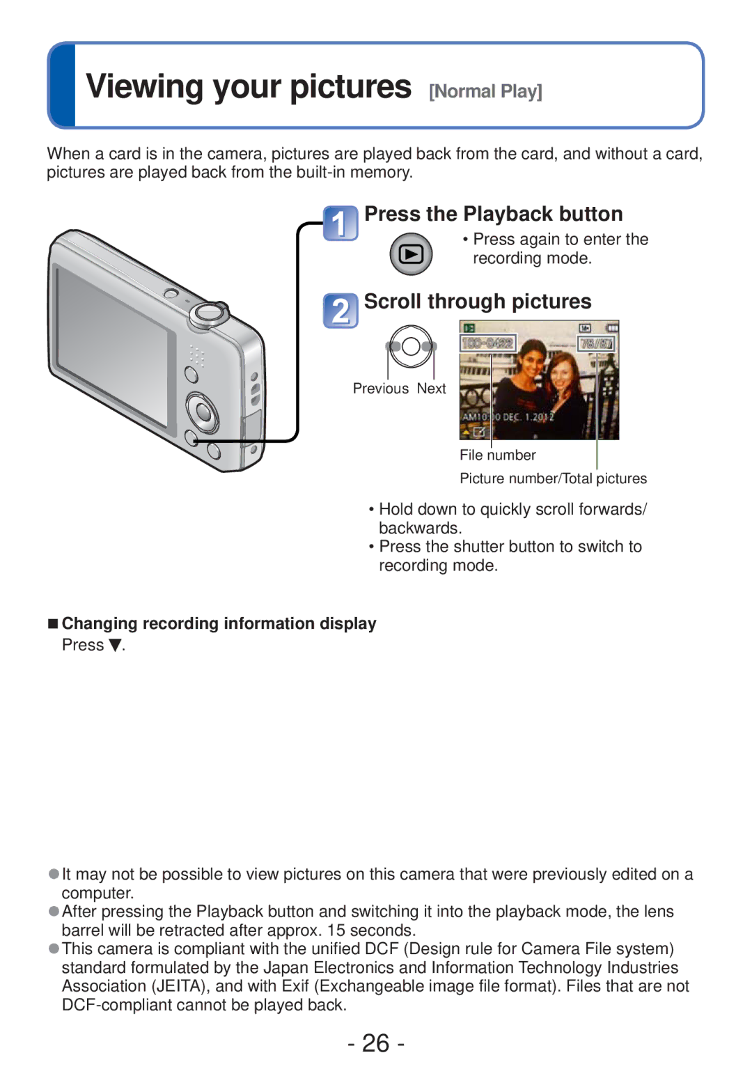 Panasonic DMC-FH4, DMC-S5 owner manual Viewing your pictures Normal Play, Press the Playback button, Scroll through pictures 