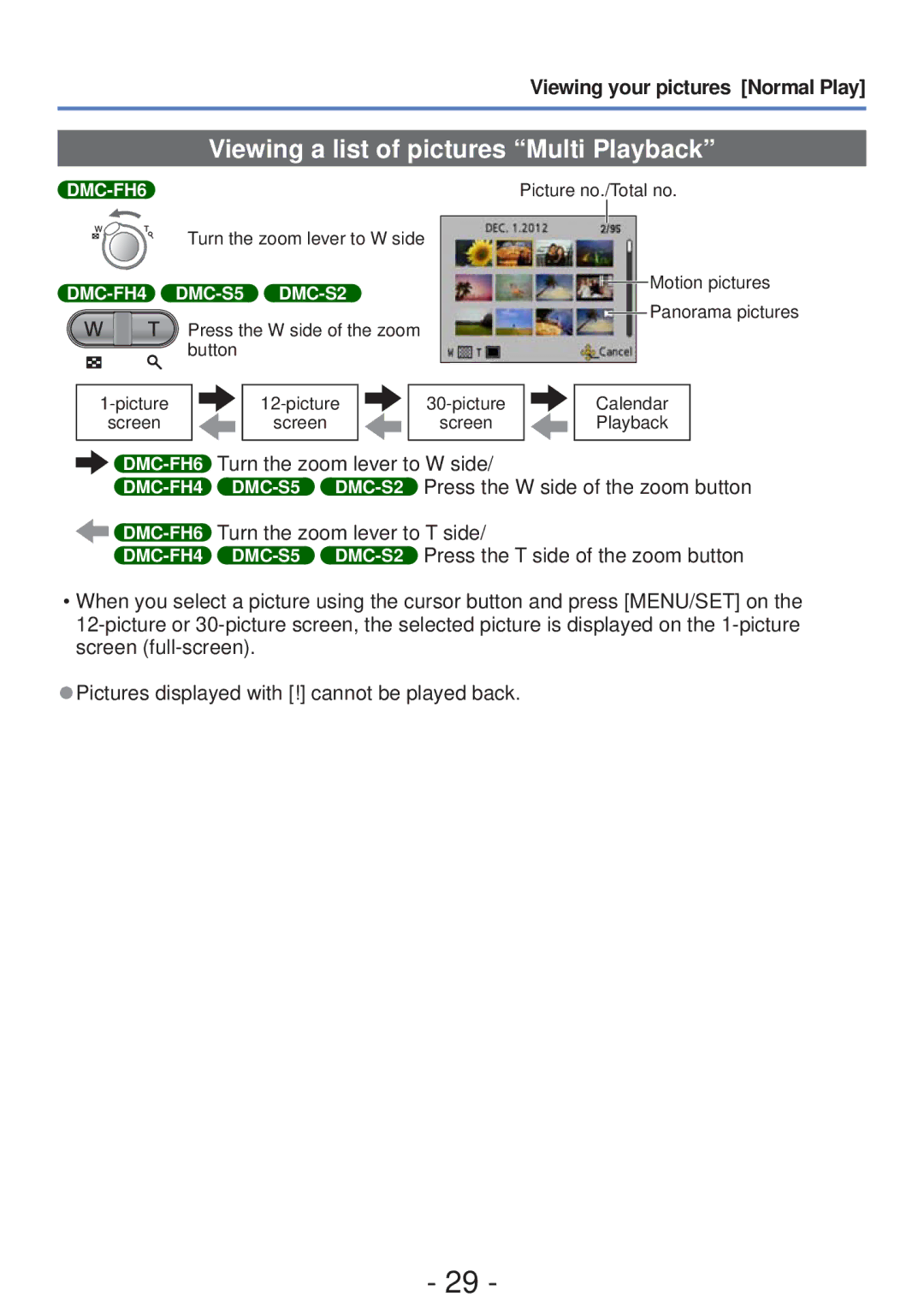 Panasonic DMC-S5, DMC-FH4 owner manual Viewing a list of pictures Multi Playback, DMC-FH6 Turn the zoom lever to W side 