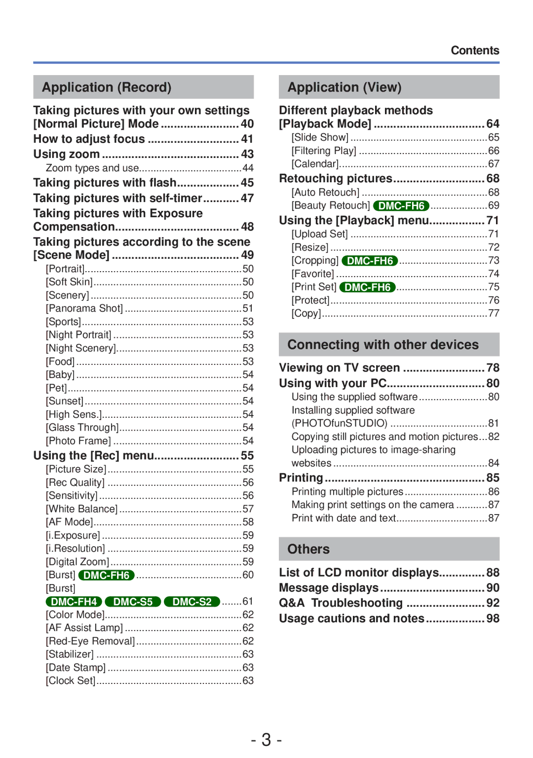 Panasonic DMC-S5, DMC-FH4 owner manual Application Record, Application View, Connecting with other devices, Others 