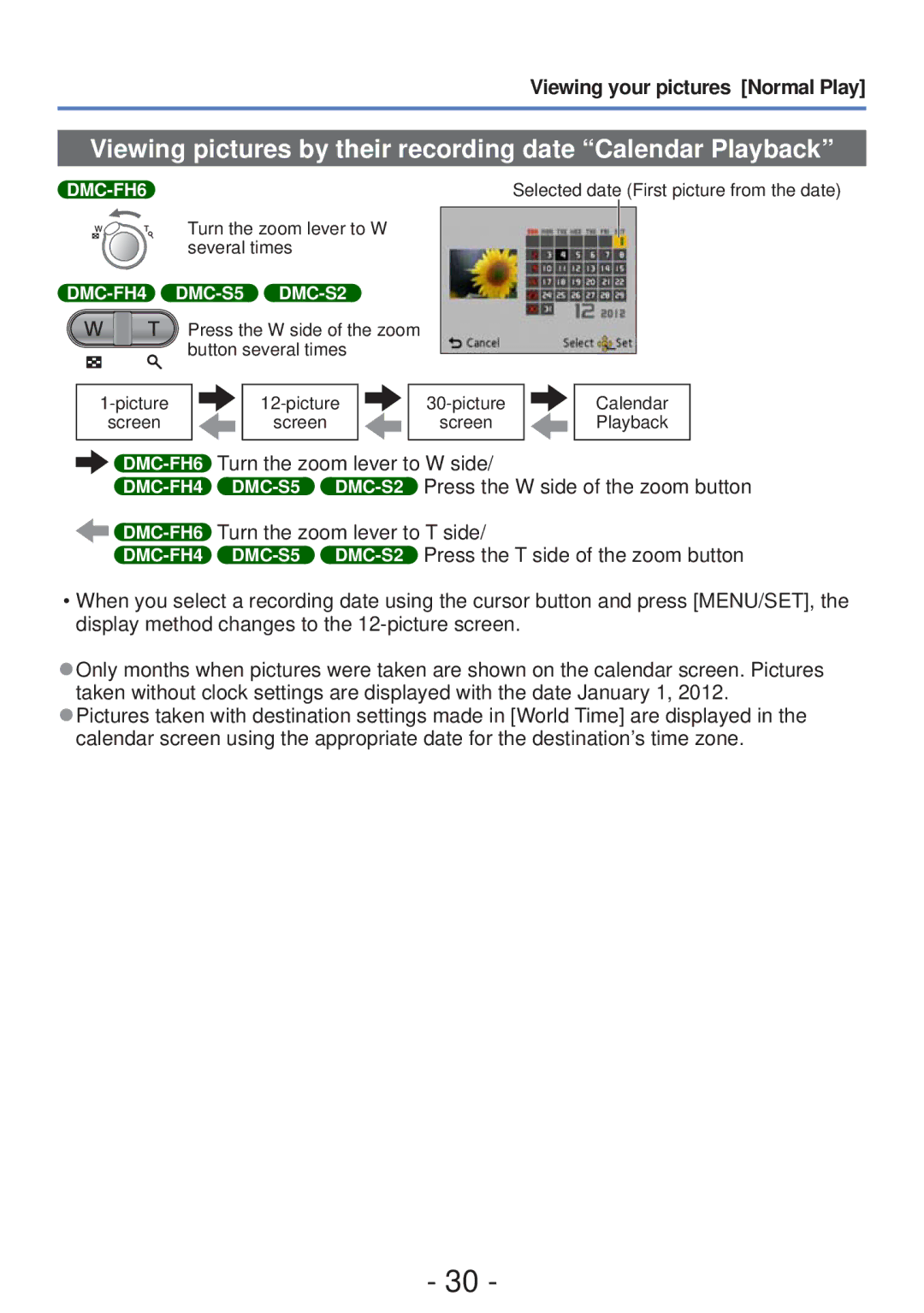 Panasonic DMC-FH4, DMC-S5 owner manual Viewing pictures by their recording date Calendar Playback 