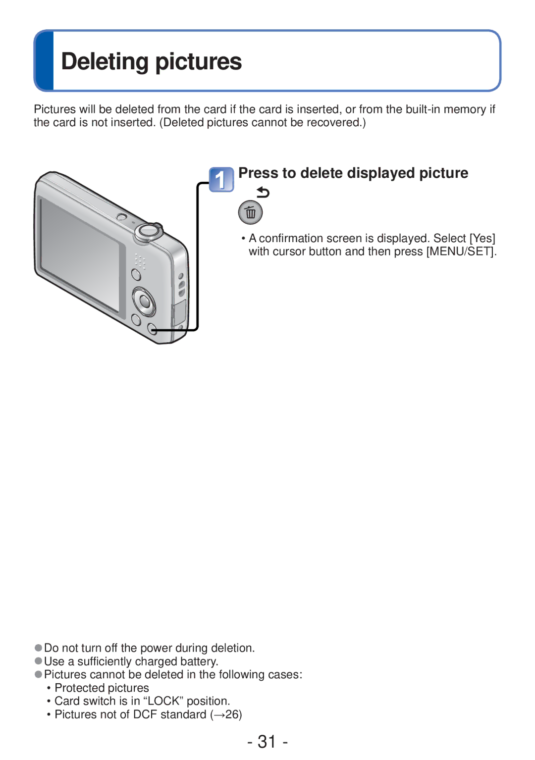 Panasonic DMC-S5, DMC-FH4 owner manual Deleting pictures, Press to delete displayed picture 