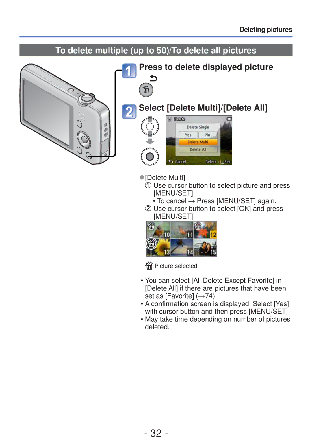 Panasonic DMC-FH4, DMC-S5 owner manual To delete multiple up to 50/To delete all pictures, Deleting pictures 