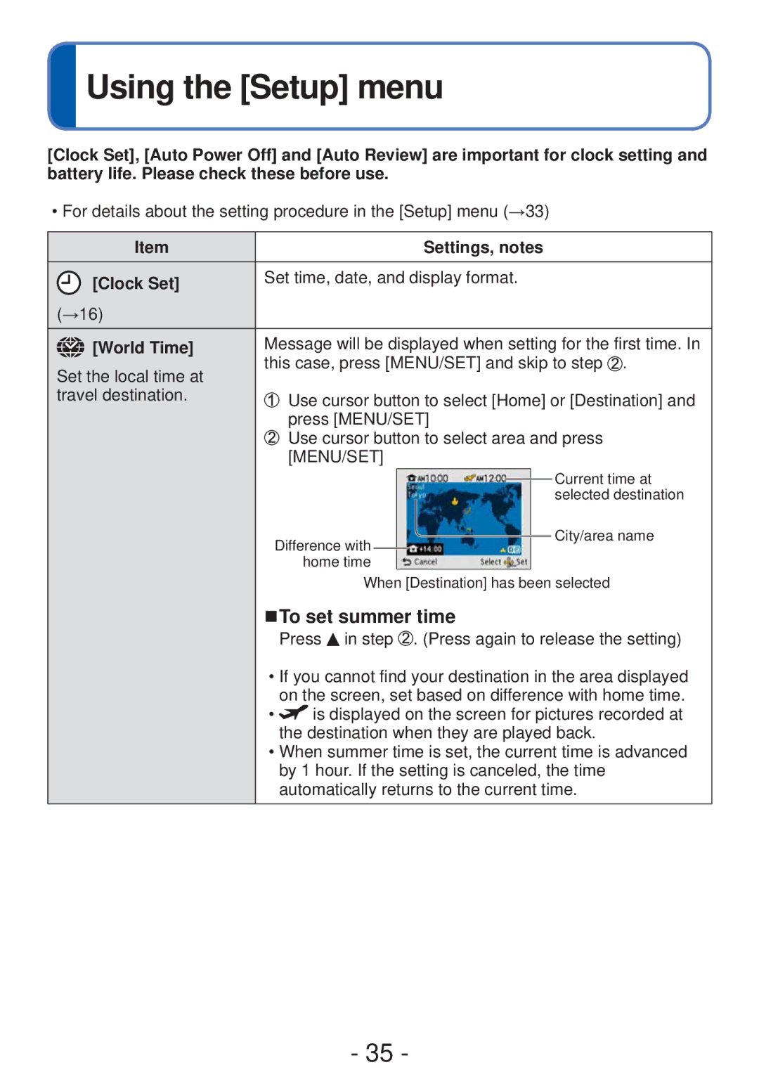 Panasonic DMC-S5, DMC-FH4 owner manual Using the Setup menu, To set summer time, Clock Set, World Time 