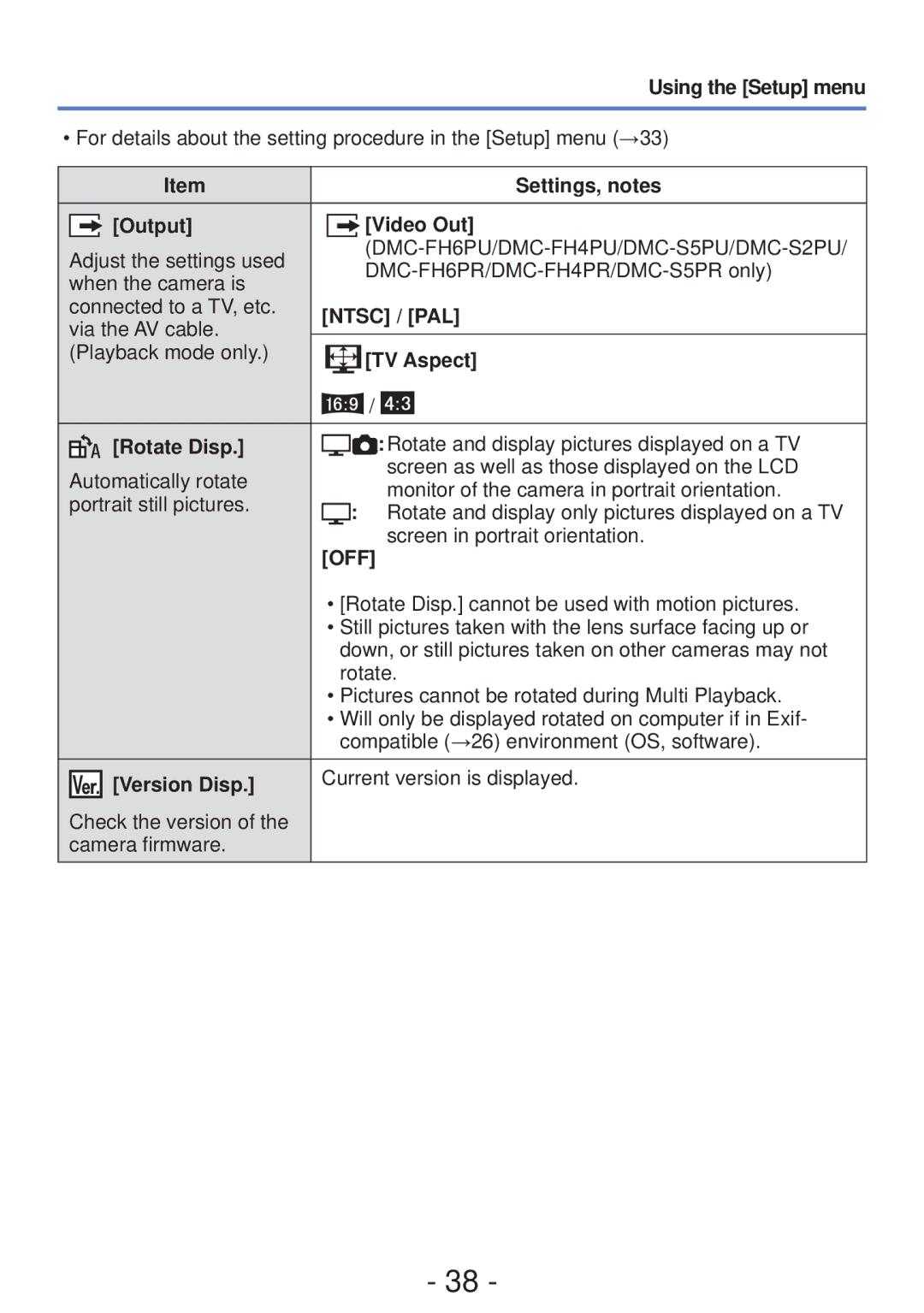 Panasonic DMC-FH4, DMC-S5 owner manual Output Video Out, Ntsc / PAL, TV Aspect, Rotate Disp, Version Disp 