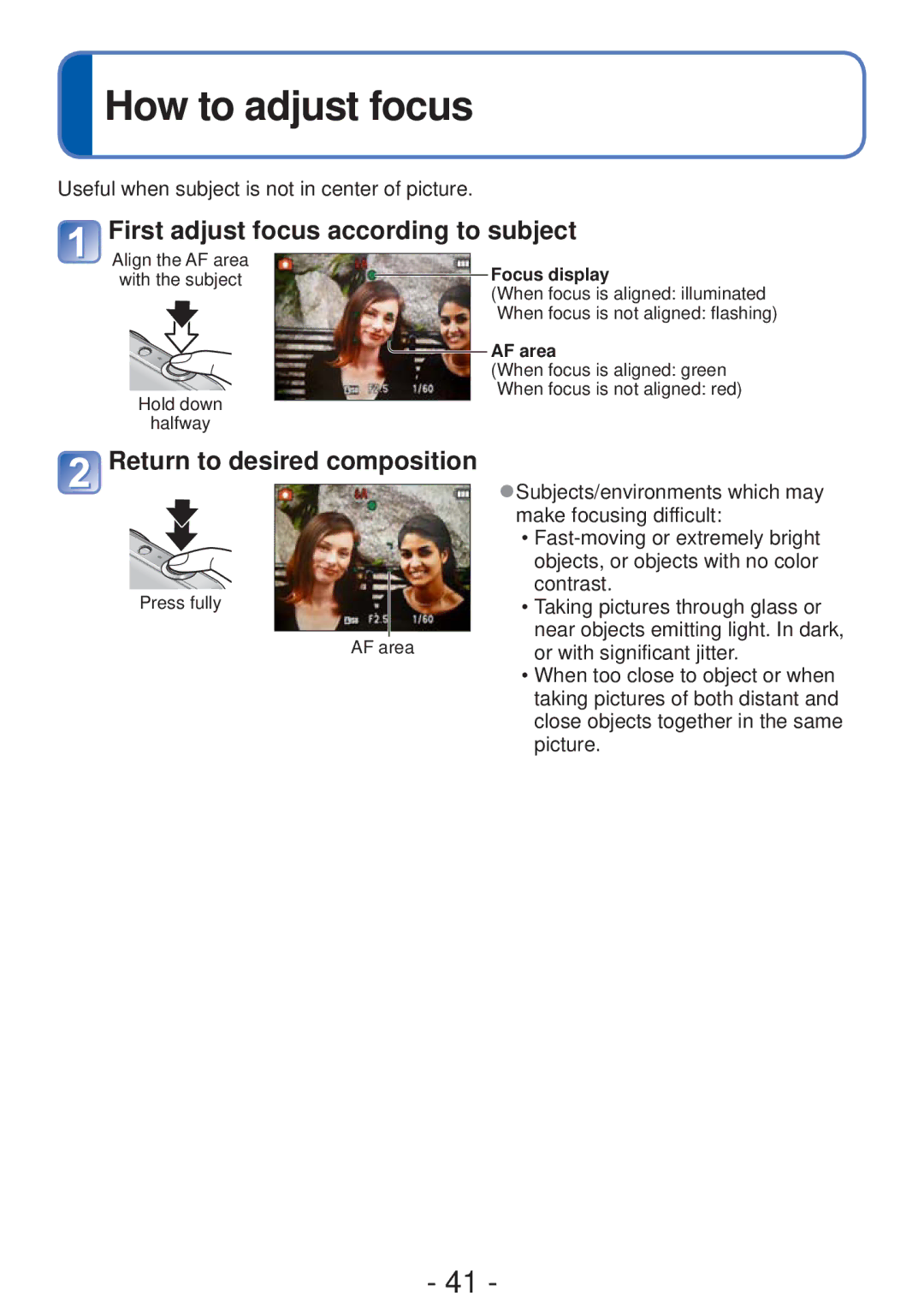 Panasonic DMC-S5, DMC-FH4 How to adjust focus, First adjust focus according to subject, Return to desired composition 