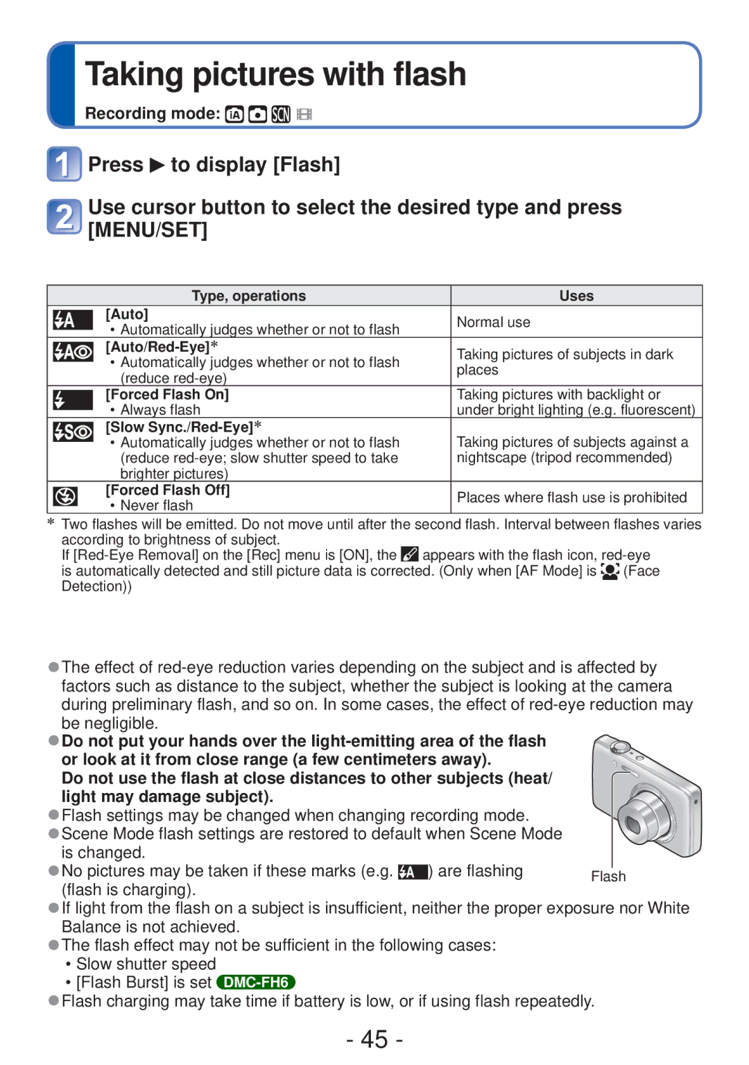 Panasonic DMC-S5, DMC-FH4 owner manual Taking pictures with flash, Be negligible, Light may damage subject 