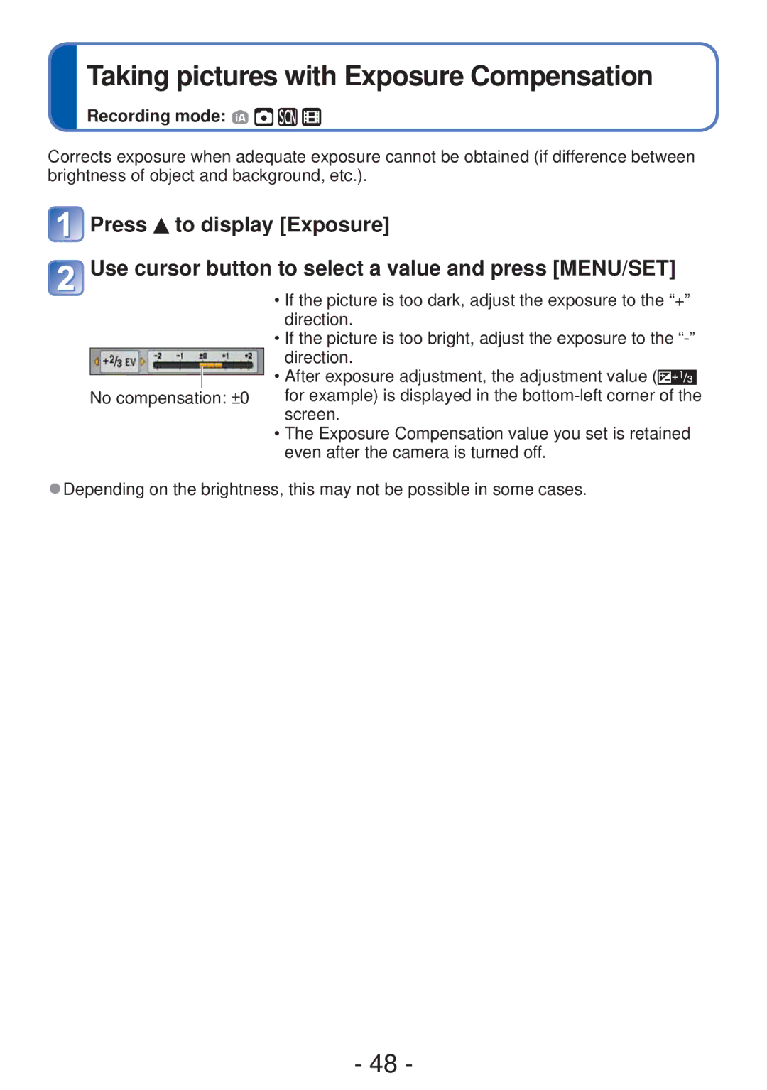 Panasonic DMC-FH4, DMC-S5 owner manual If the picture is too dark, adjust the exposure to the +, Direction, Screen 