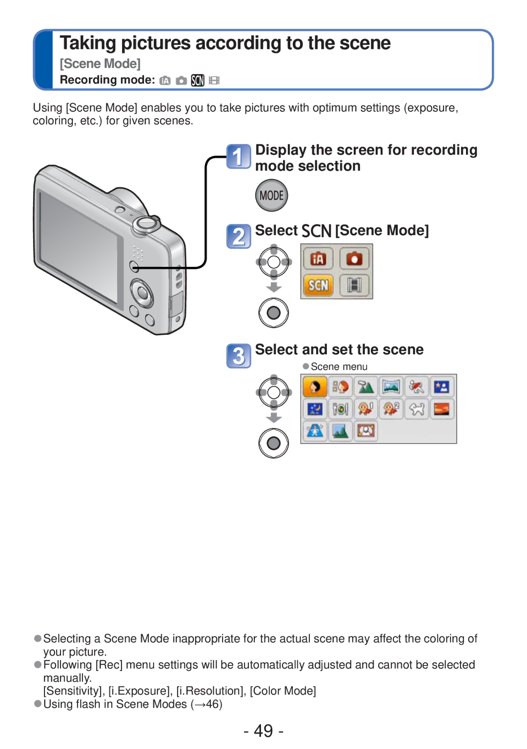 Panasonic DMC-S5, DMC-FH4 owner manual Taking pictures according to the scene 