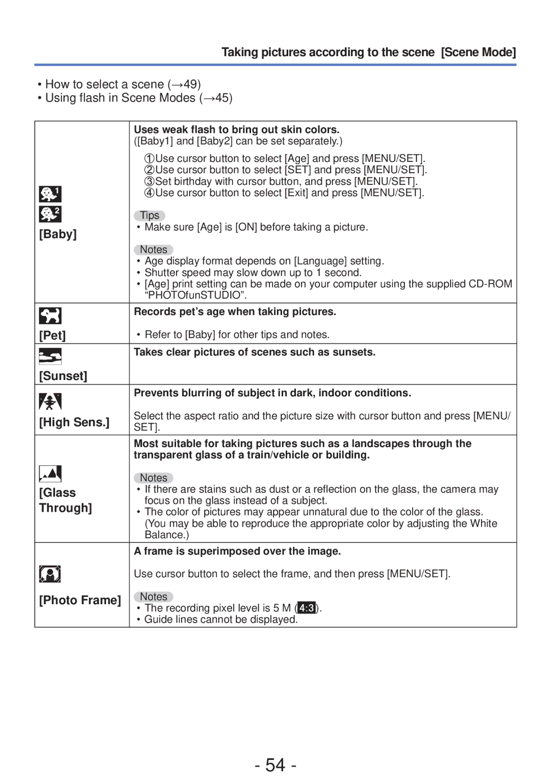 Panasonic DMC-FH4, DMC-S5 owner manual Baby, Pet, Sunset, High Sens, Glass, Through, Photo Frame 