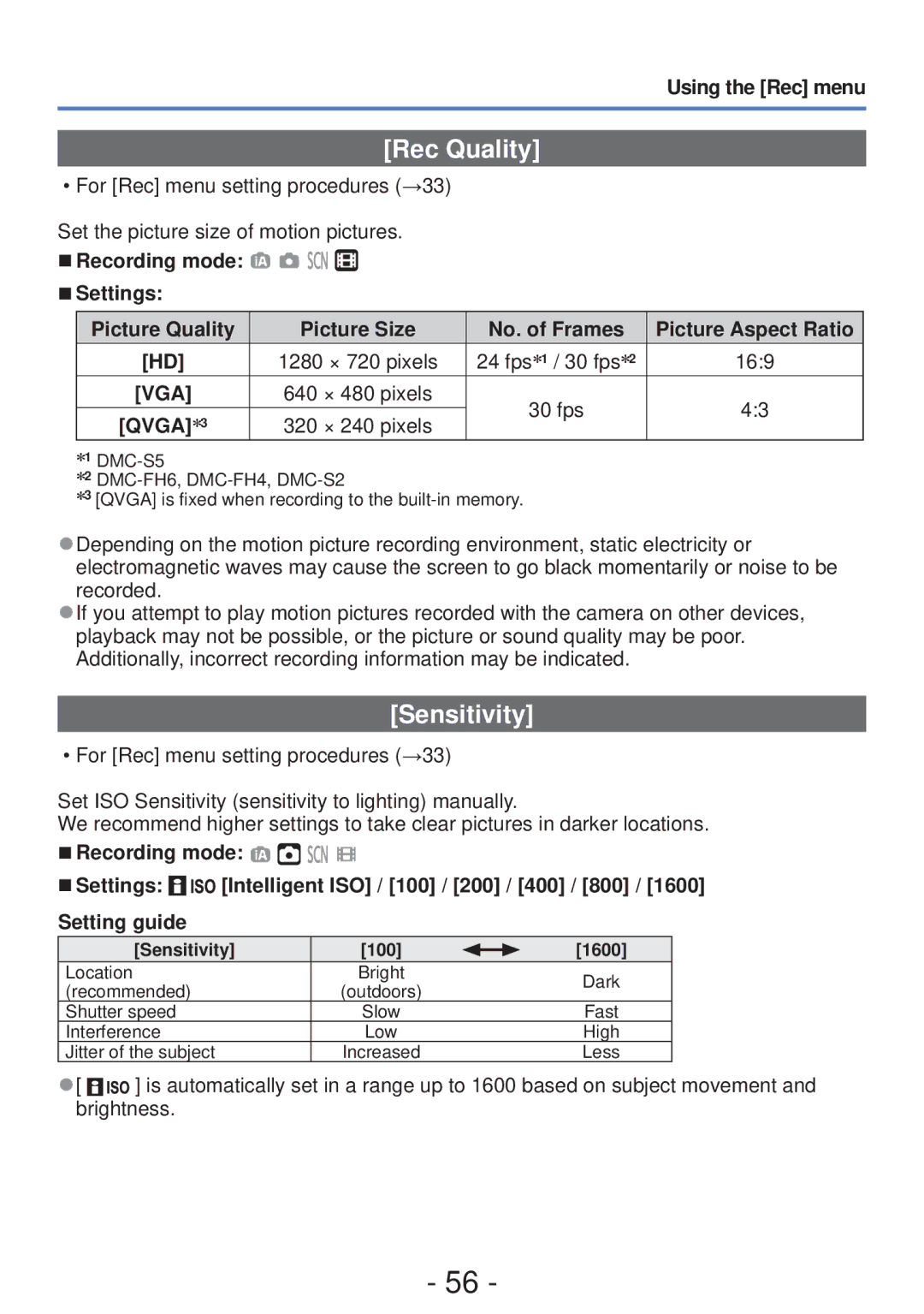 Panasonic DMC-FH4, DMC-S5 owner manual Rec Quality, Sensitivity, Using the Rec menu, 169, Picture Aspect Ratio 