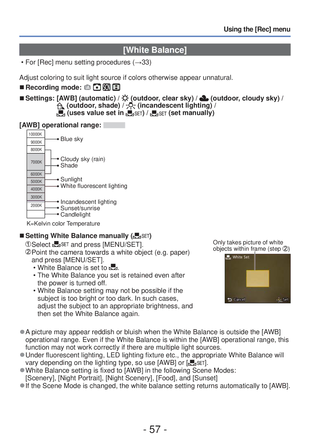 Panasonic DMC-S5, DMC-FH4 owner manual Setting White Balance manually 