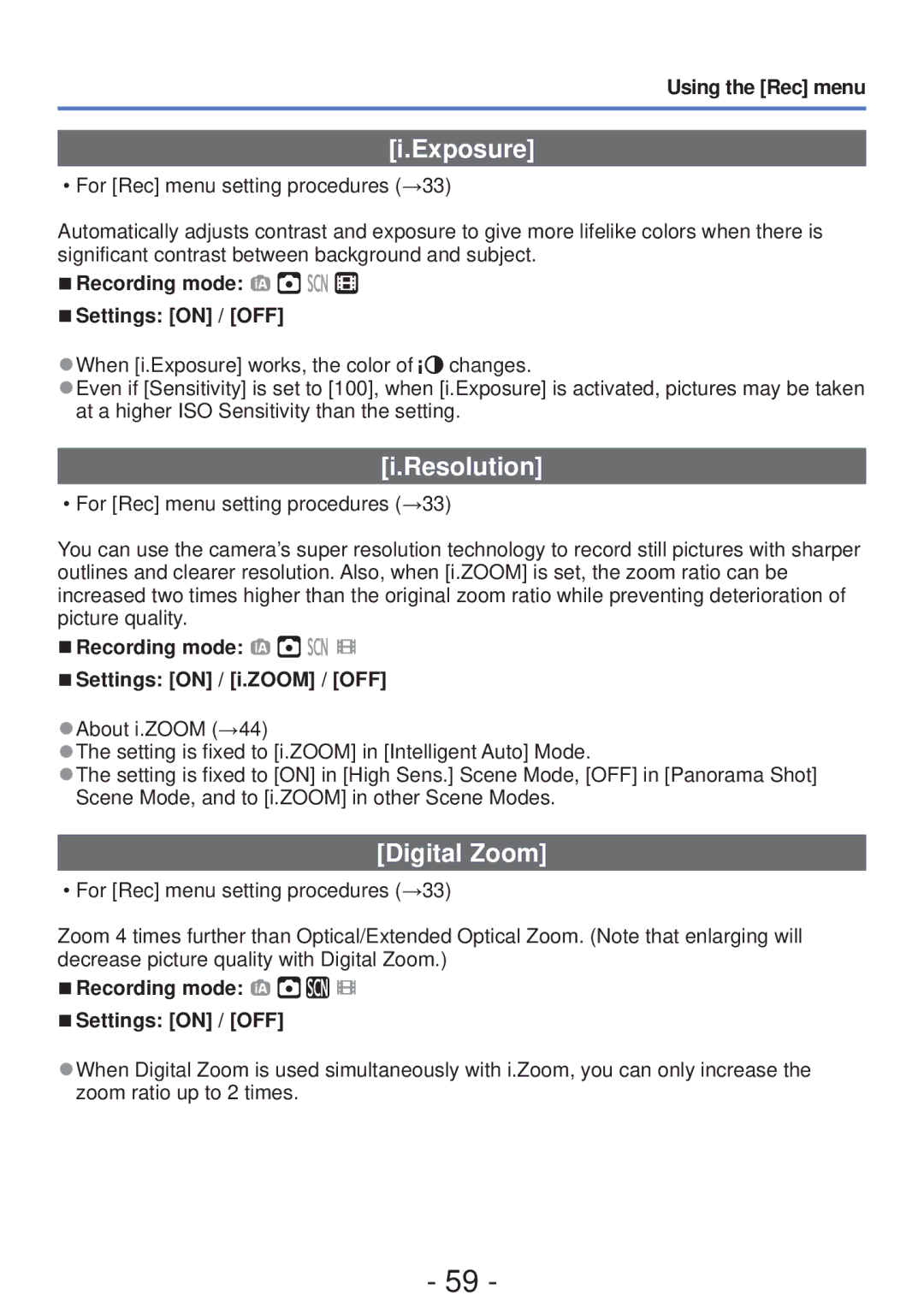 Panasonic DMC-S5, DMC-FH4 owner manual Exposure, Resolution, Digital Zoom, Recording mode Settings on / OFF 