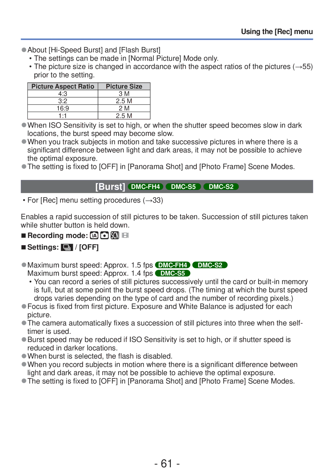 Panasonic DMC-S5, DMC-FH4 When ISO Sensitivity, Locations, the burst speed may become slow, Recording mode Settings / OFF 