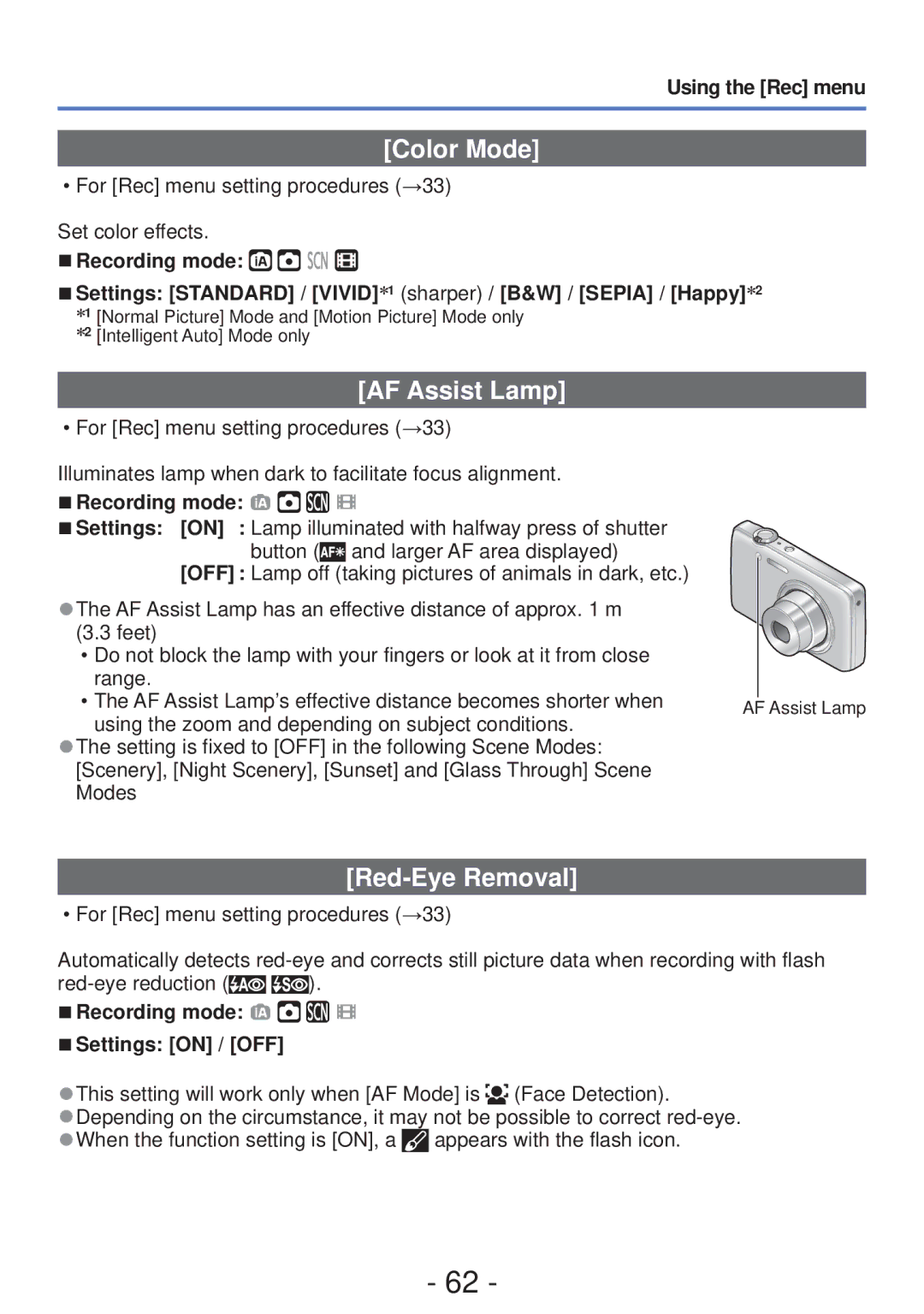 Panasonic DMC-FH4 Color Mode, AF Assist Lamp, Red-Eye Removal, For Rec menu setting procedures →33 Set color effects 