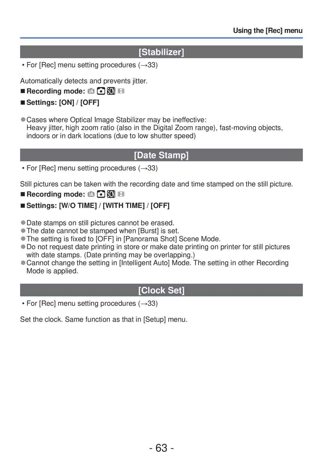 Panasonic DMC-S5, DMC-FH4 owner manual Stabilizer, Date Stamp, Clock Set, Recording mode Settings W/O Time / with Time / OFF 