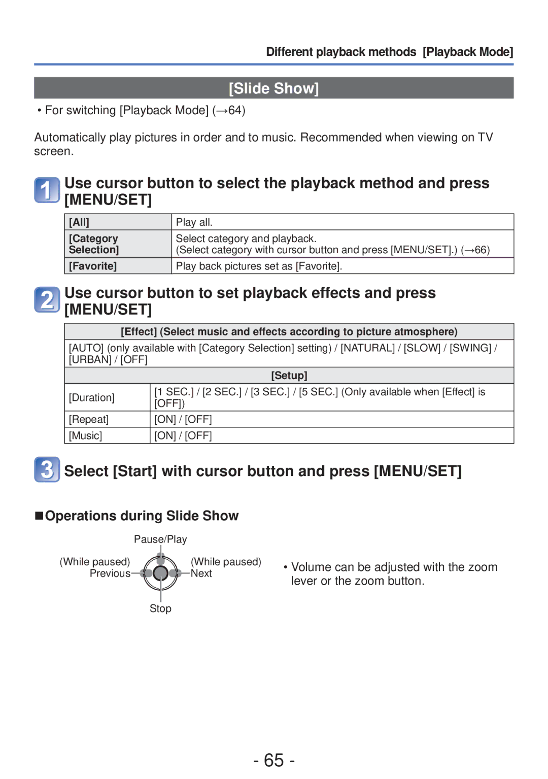 Panasonic DMC-S5, DMC-FH4 Select Start with cursor button and press MENU/SET, Operations during Slide Show, Setup 