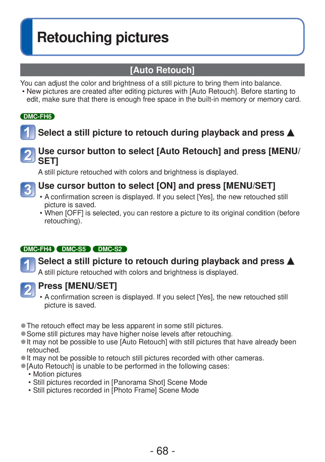 Panasonic DMC-FH4, DMC-S5 owner manual Retouching pictures, Auto Retouch, Use cursor button to select on and press MENU/SET 