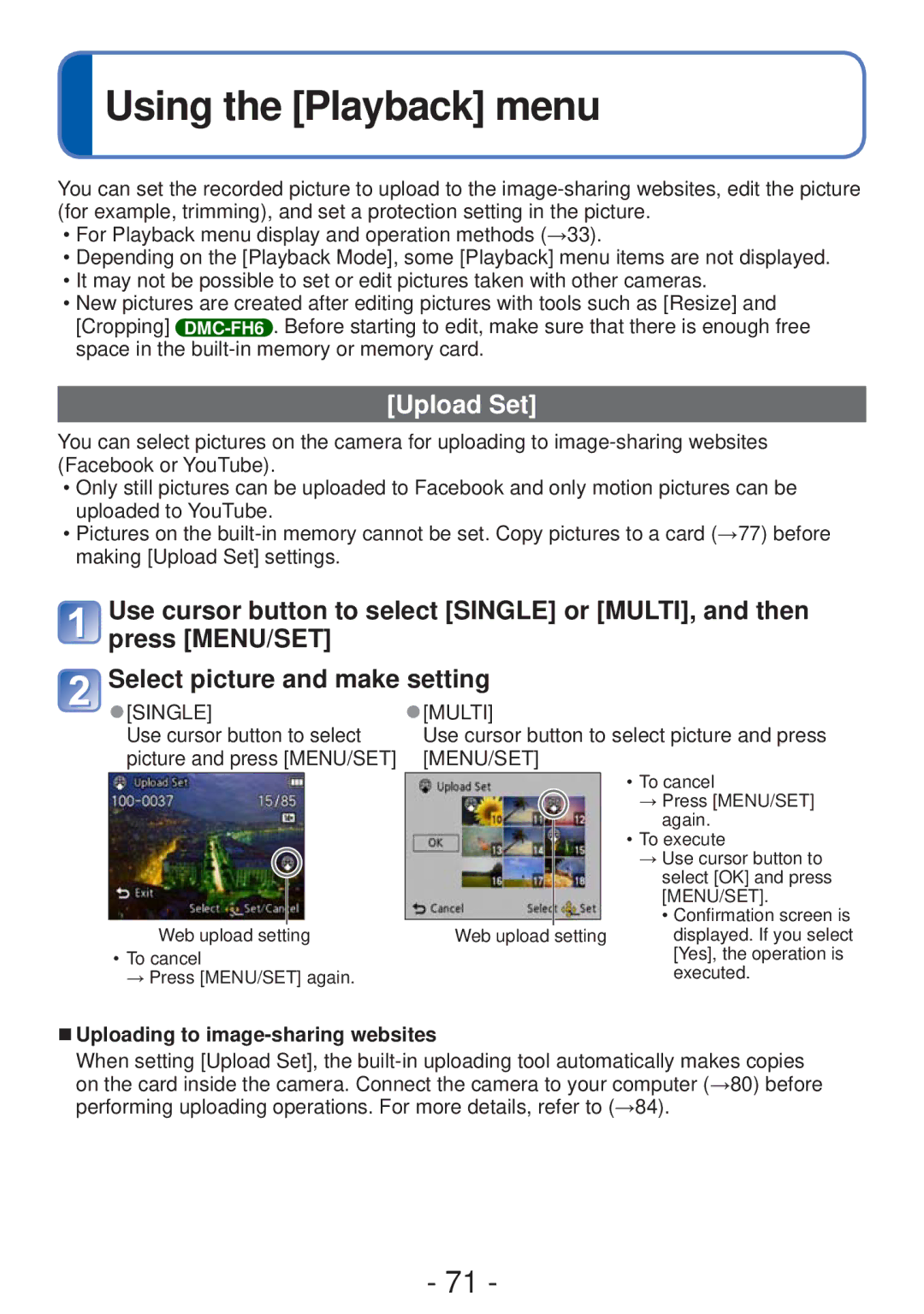 Panasonic DMC-S5, DMC-FH4 Using the Playback menu, Upload Set, Use cursor button to select, Picture and press MENU/SET 