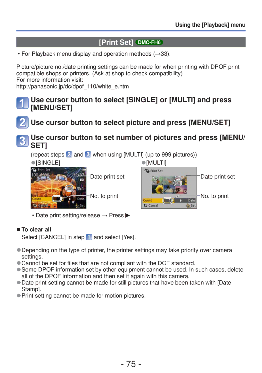 Panasonic DMC-S5, DMC-FH4 owner manual Print Set DMC-FH6, Repeat steps and when using Multi up to 999 pictures 