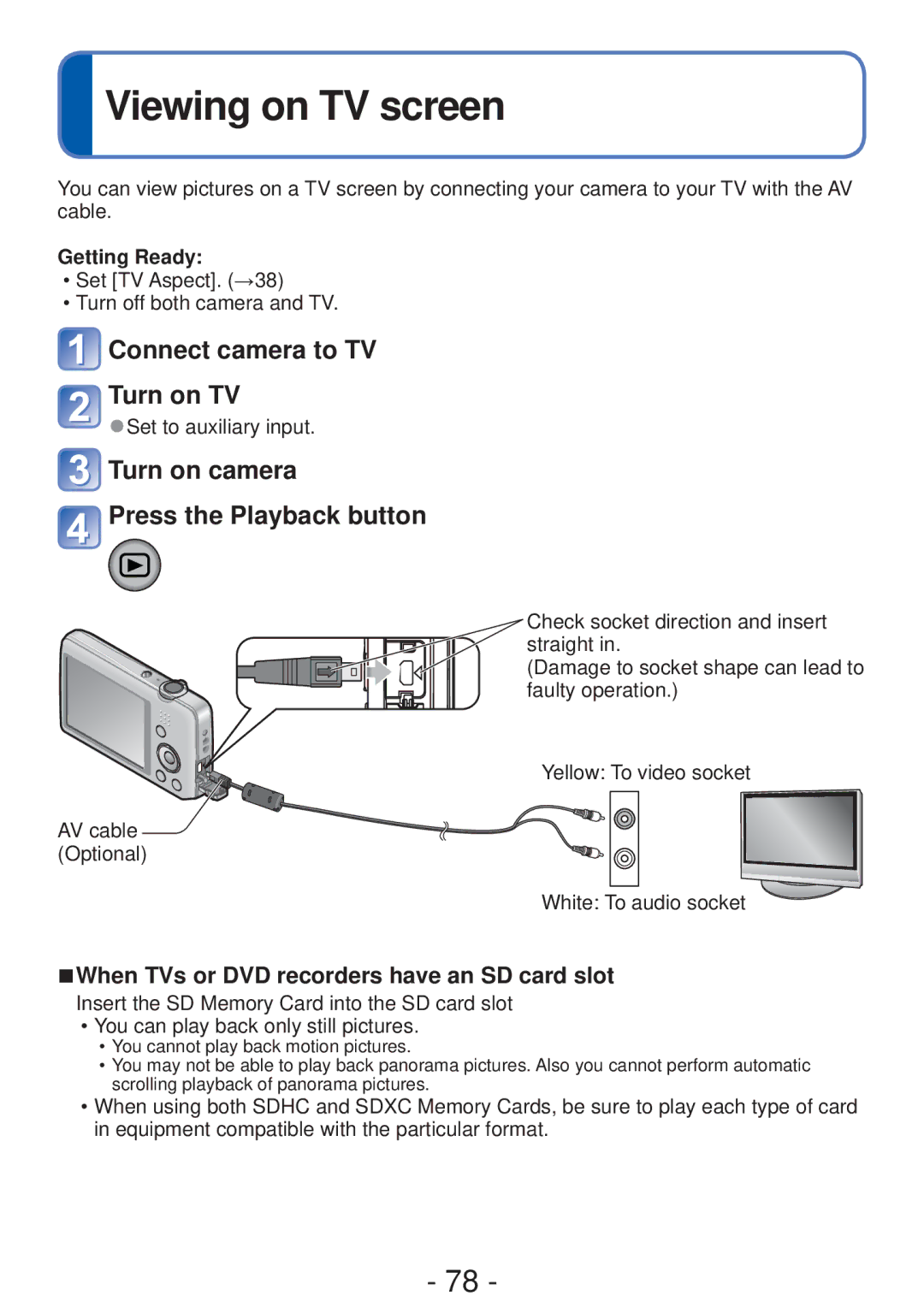 Panasonic DMC-FH4, DMC-S5 Viewing on TV screen, Connect camera to TV Turn on TV, Turn on camera Press the Playback button 