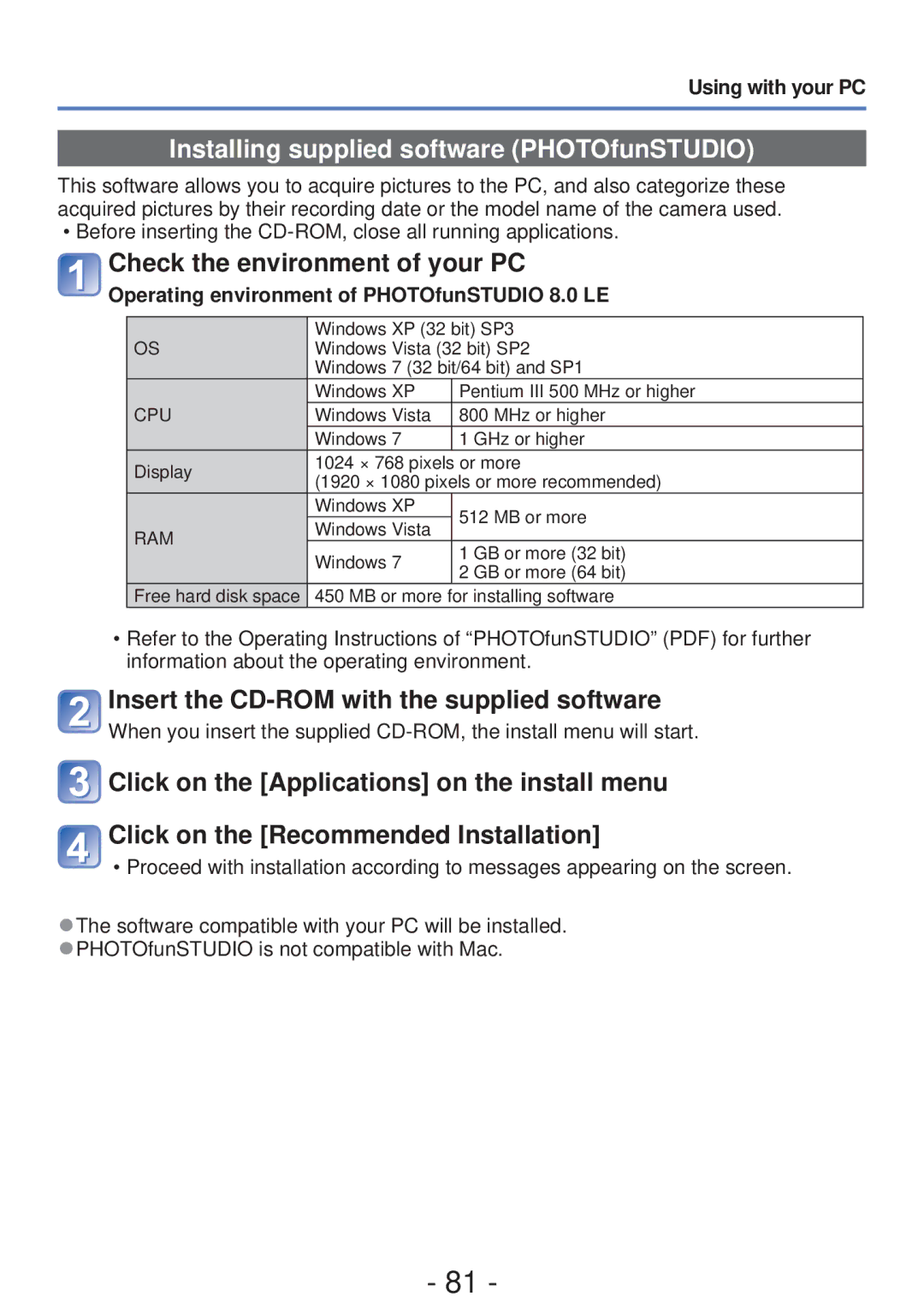 Panasonic DMC-S5 Installing supplied software PHOTOfunSTUDIO, Check the environment of your PC, Using with your PC 