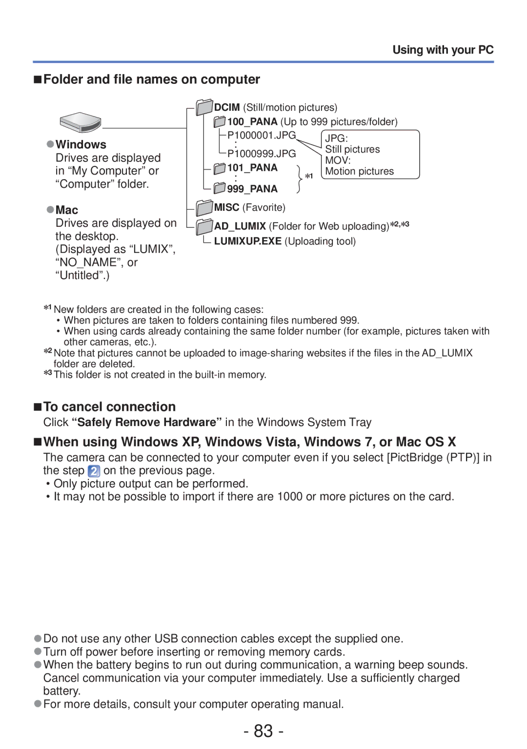 Panasonic DMC-S5, DMC-FH4 owner manual Folder and file names on computer, To cancel connection, Windows, Mac 