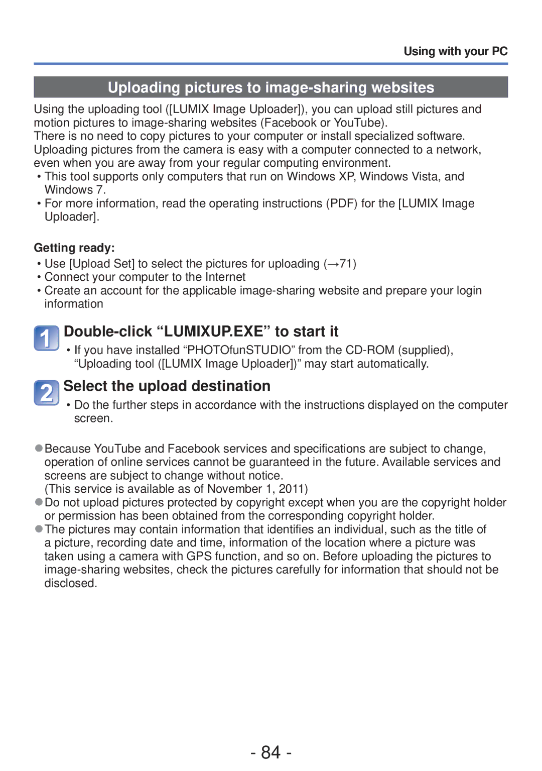 Panasonic DMC-FH4, DMC-S5 owner manual Uploading pictures to image-sharing websites, Double-click LUMIXUP.EXE to start it 