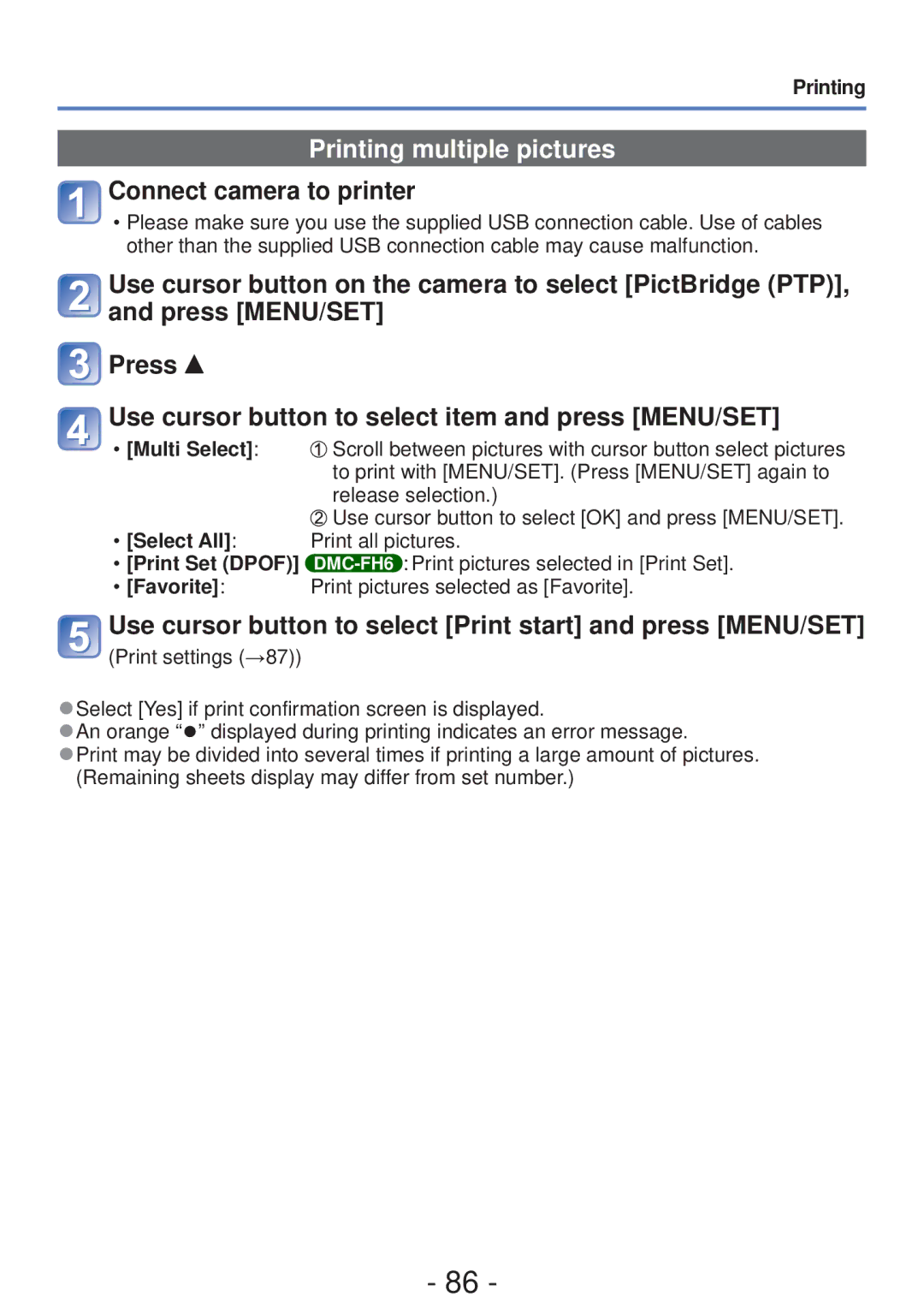 Panasonic DMC-FH4, DMC-S5 owner manual Printing multiple pictures, Multi Select, Select All 