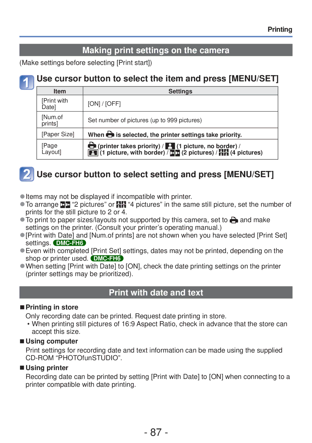 Panasonic DMC-S5, DMC-FH4 Making print settings on the camera, Use cursor button to select the item and press MENU/SET 