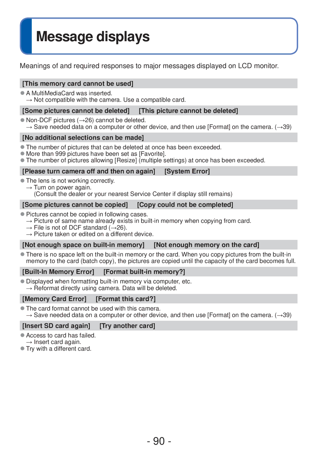 Panasonic DMC-FH4, DMC-S5 owner manual Message displays 