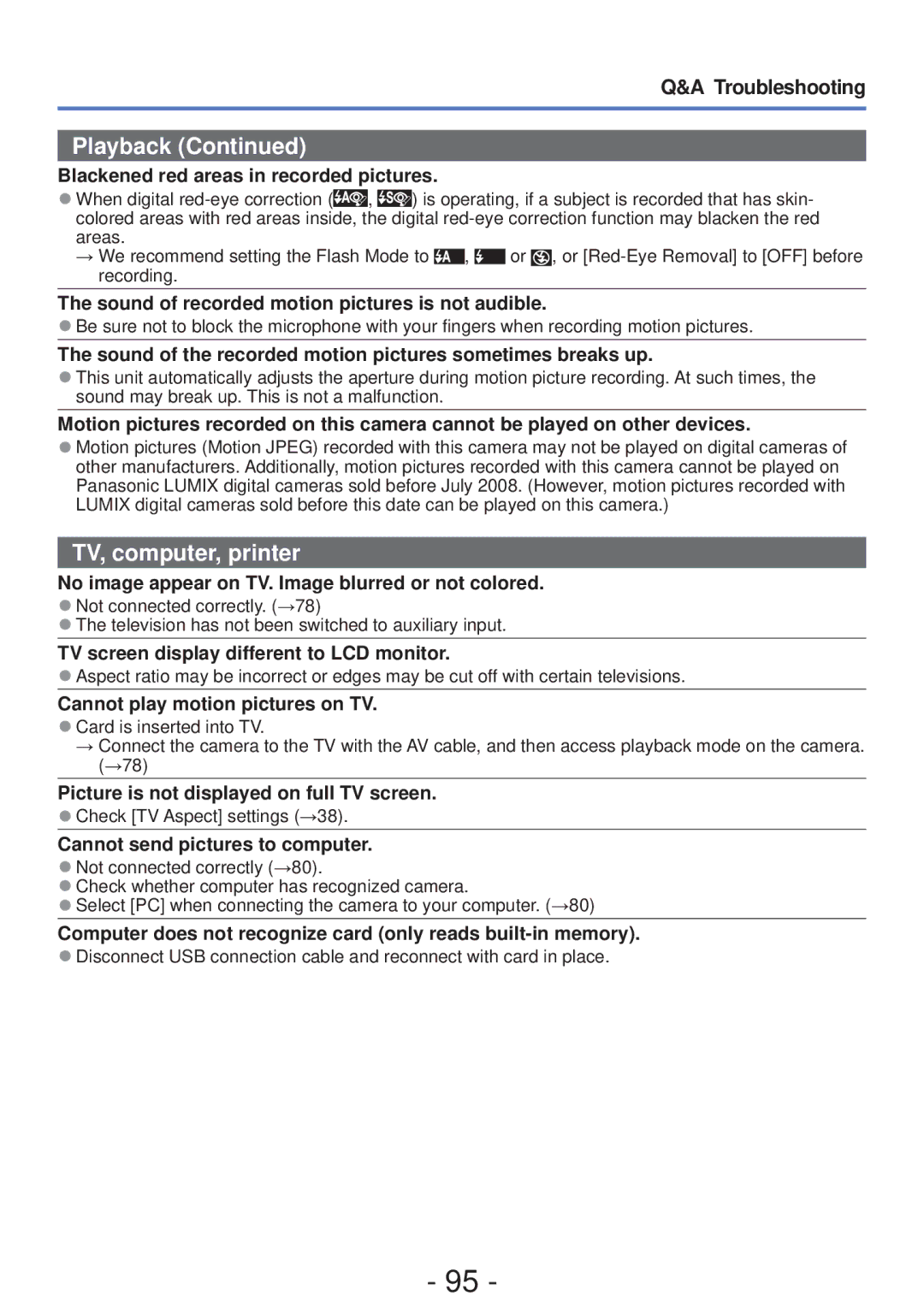 Panasonic DMC-S5, DMC-FH4 Blackened red areas in recorded pictures, Sound of recorded motion pictures is not audible 