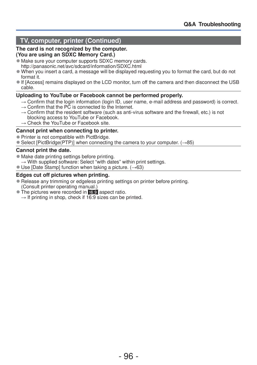 Panasonic DMC-FH4 Cannot print when connecting to printer, Cannot print the date, Edges cut off pictures when printing 