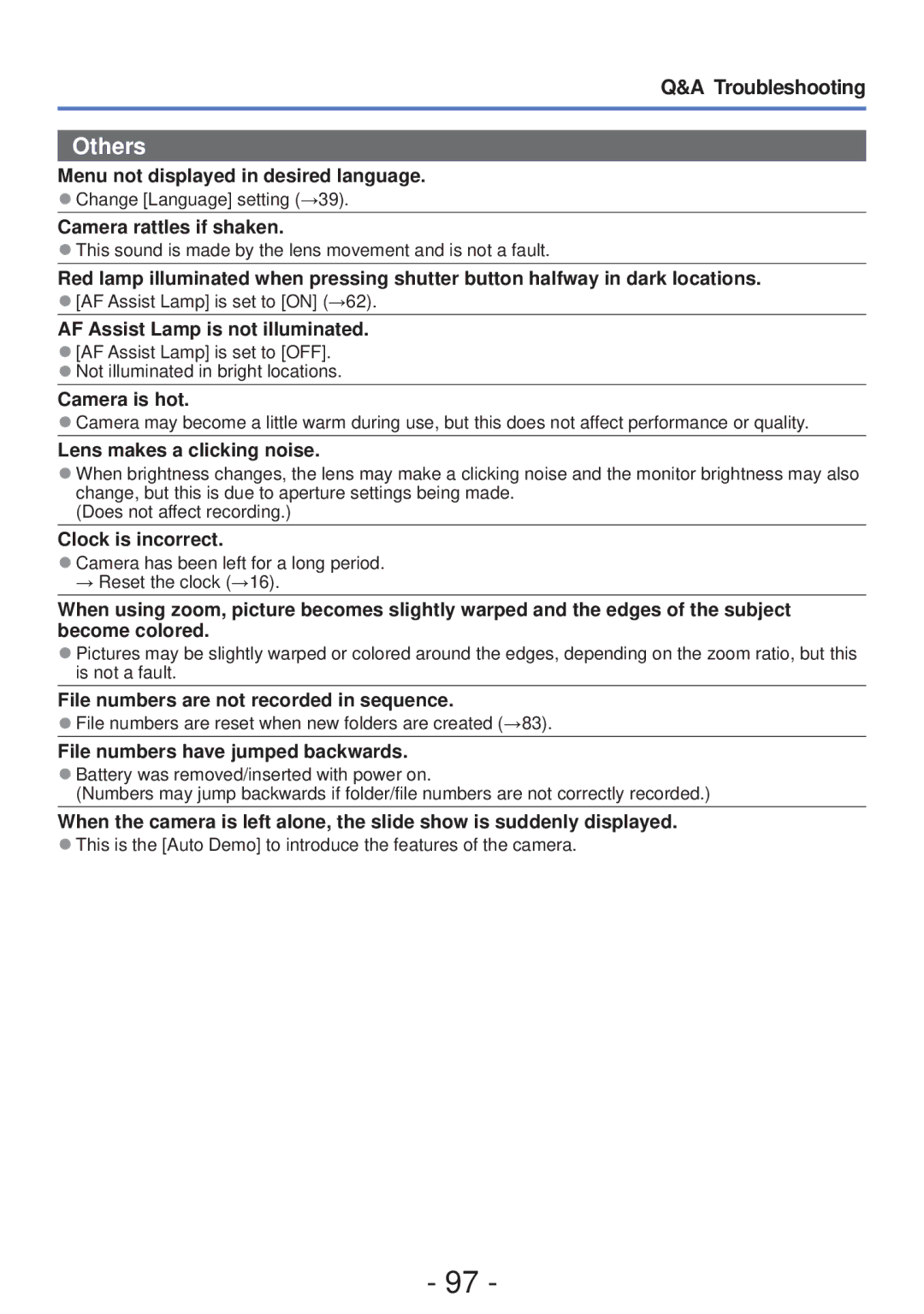 Panasonic DMC-S5 Menu not displayed in desired language, Camera rattles if shaken, AF Assist Lamp is not illuminated 