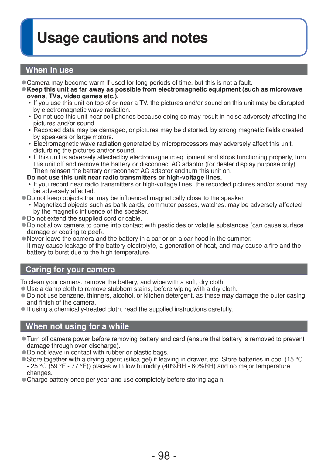 Panasonic DMC-FH4, DMC-S5 owner manual Usage cautions and notes, When in use 