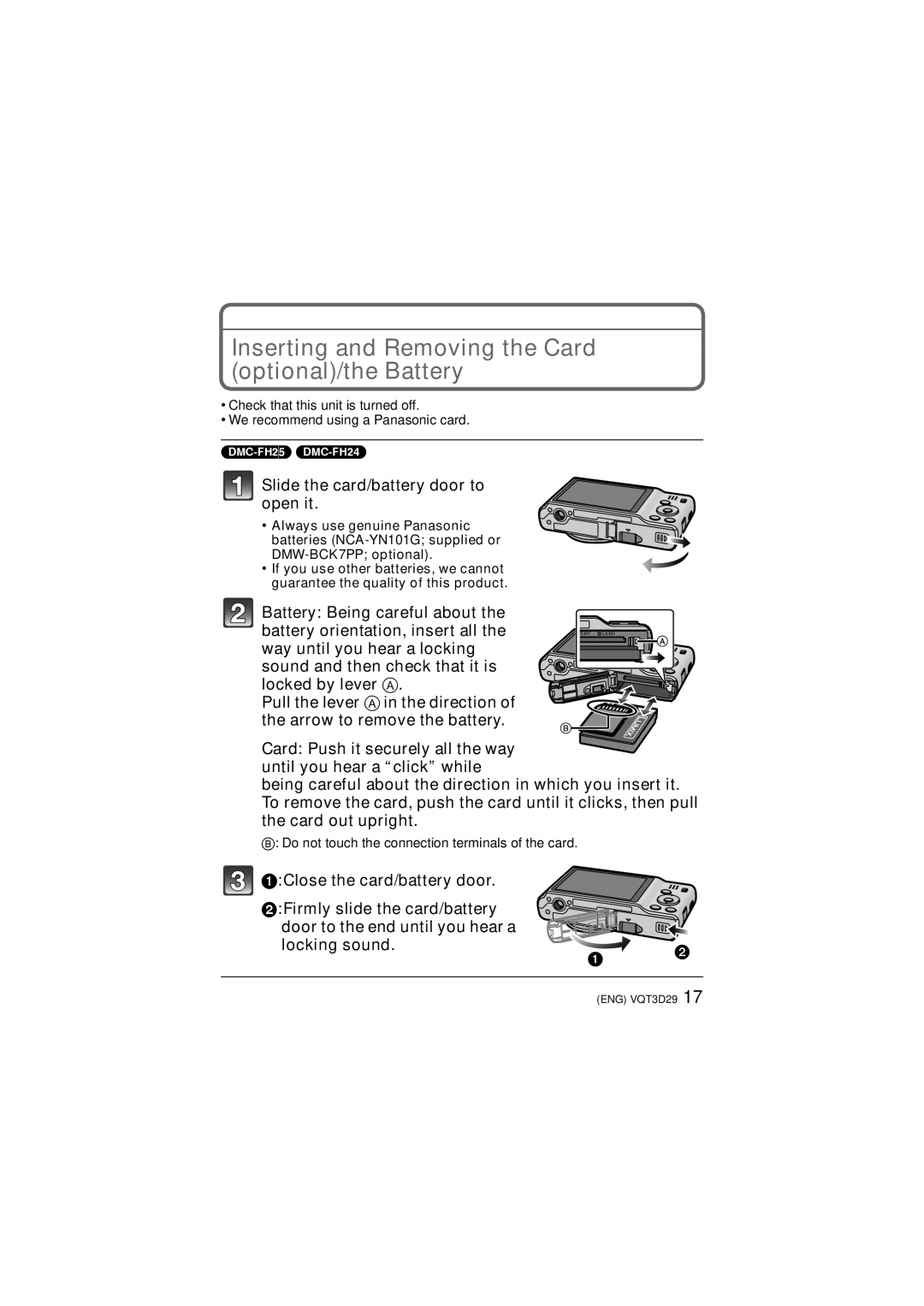 Panasonic DMC-FH25, DMC-FH5 Inserting and Removing the Card optional/the Battery, Slide the card/battery door to open it 