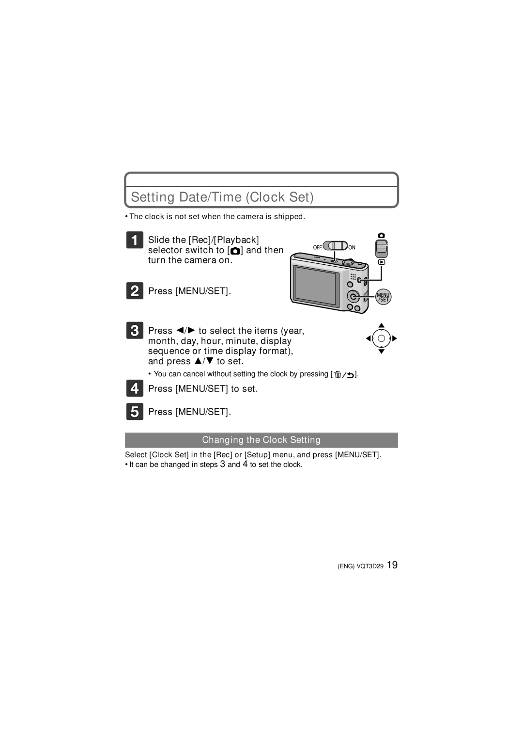 Panasonic DMC-FH5, DMC-FH25, DMC-FH24 Setting Date/Time Clock Set, Clock is not set when the camera is shipped 