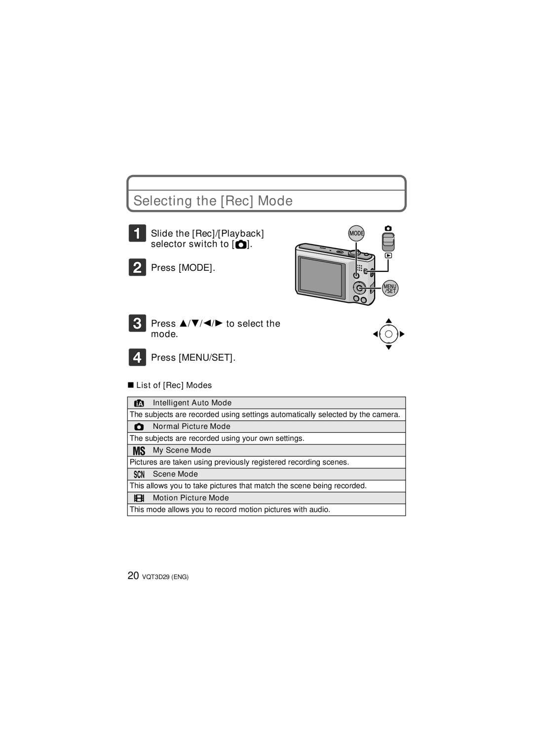 Panasonic DMC-FH5, DMC-FH25, DMC-FH24 owner manual Selecting the Rec Mode, List of Rec Modes 