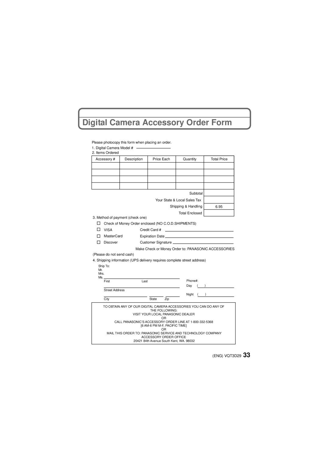 Panasonic DMC-FH25, DMC-FH5, DMC-FH24 owner manual Digital Camera Accessory Order Form, Visa 