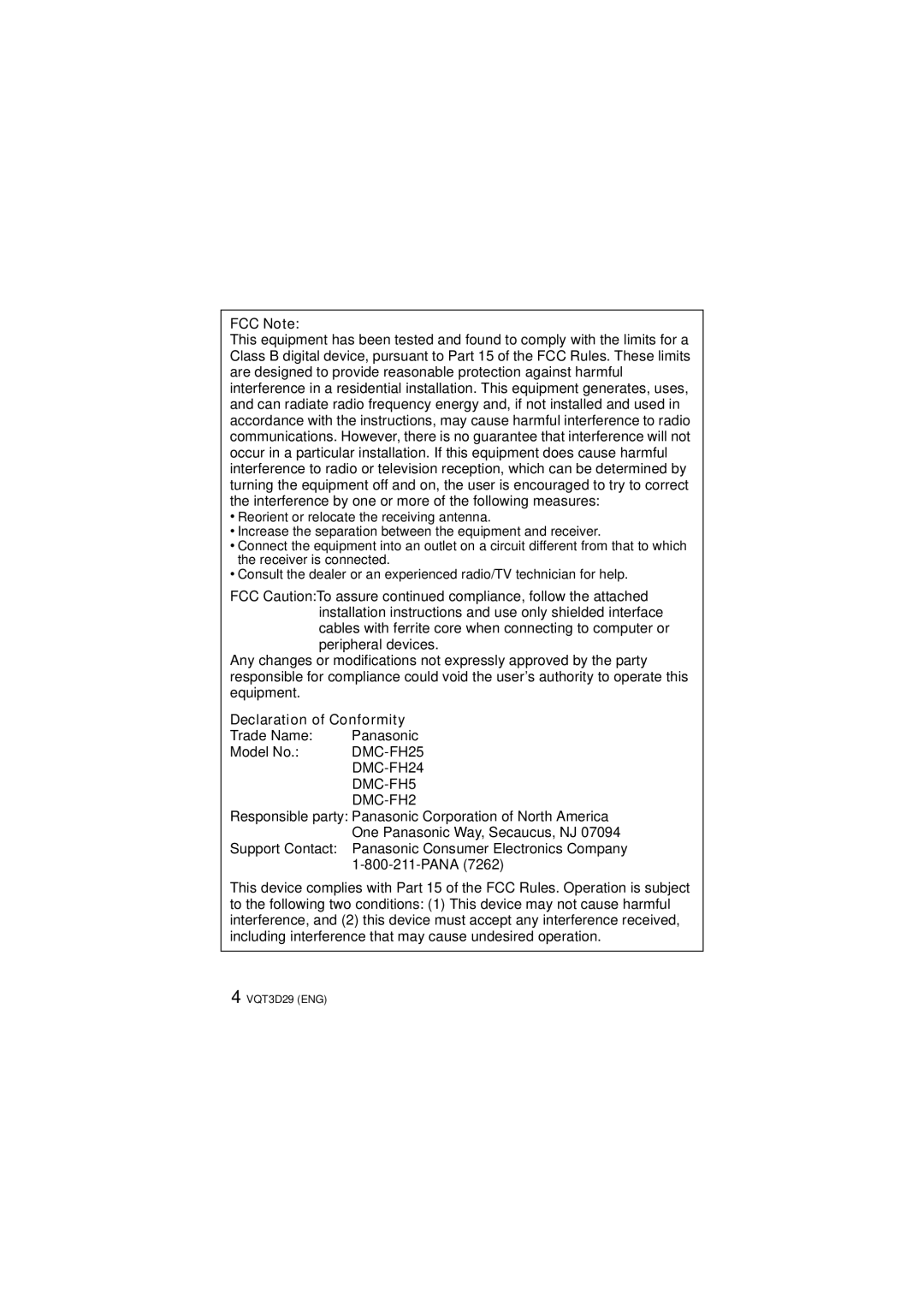 Panasonic DMC-FH5, DMC-FH25, DMC-FH24 owner manual FCC Note, Declaration of Conformity 