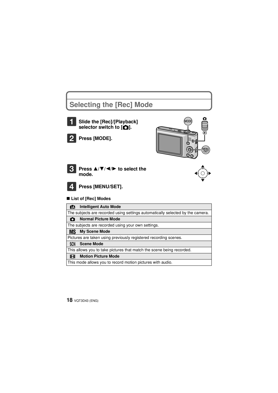 Panasonic DMC-FH5S, DMC-FH5K, DMC-FH25, DMCFH25S, DMCFH25K operating instructions Selecting the Rec Mode, List of Rec Modes 