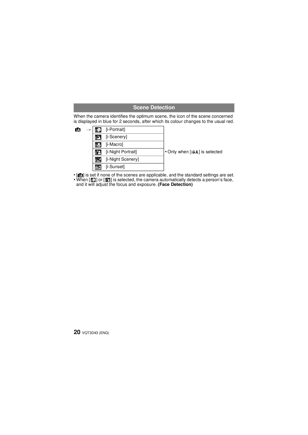 Panasonic DMCFH25K, DMC-FH5K, DMC-FH25, DMC-FH5S, DMCFH25S operating instructions Scene Detection 