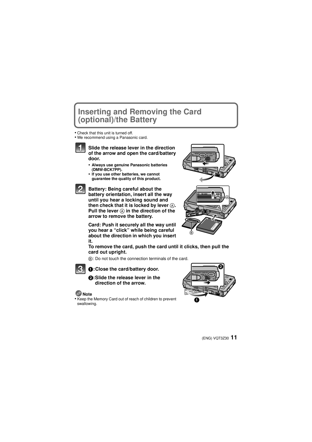 Panasonic DMC-SZ1S Inserting and Removing the Card optional/the Battery, Always use genuine Panasonic batteries DMW-BCK7PP 