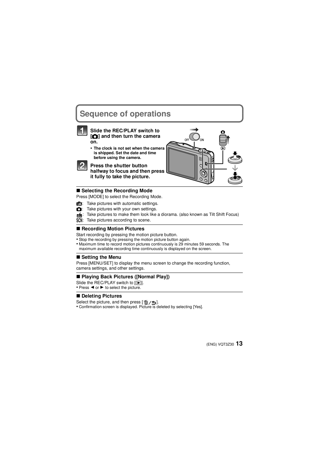 Panasonic DMC-SZ1A, DMC-FH8K, DMC-FH8V, DMC-FH8S, DMC-SZ1S, DMC-SZ02, DMC-SZ1K, DMC-SZ1R owner manual Sequence of operations 