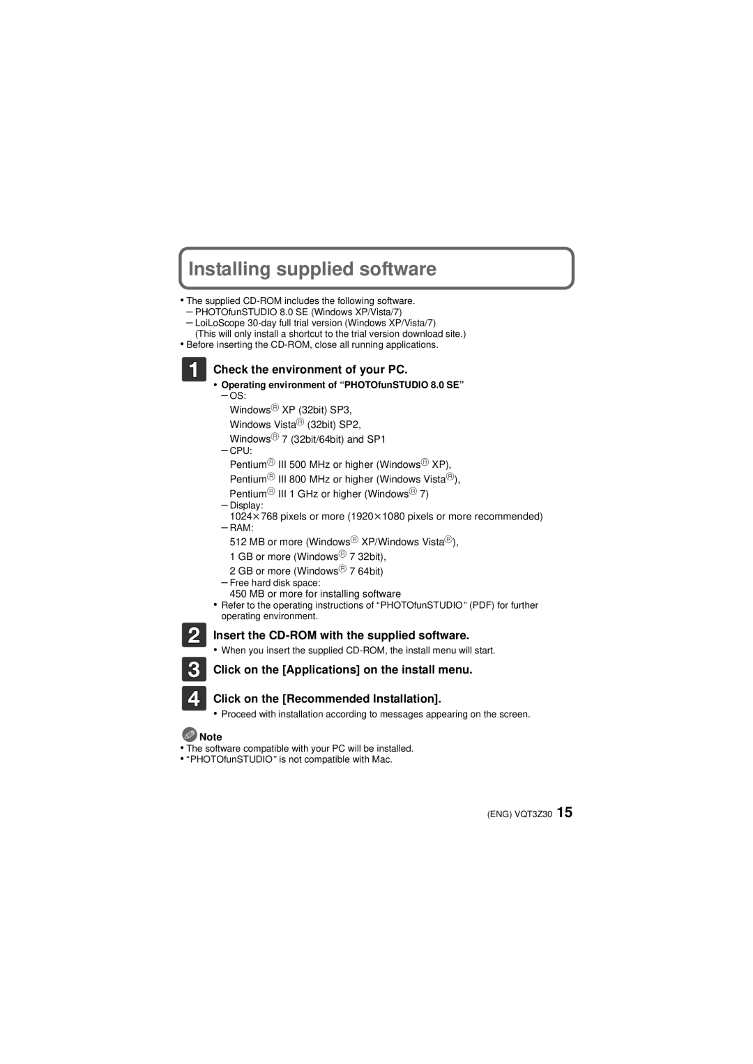 Panasonic DMC-SZ1R, DMC-FH8K, DMC-FH8V, DMC-FH8S, DMC-SZ1S Installing supplied software, Check the environment of your PC 