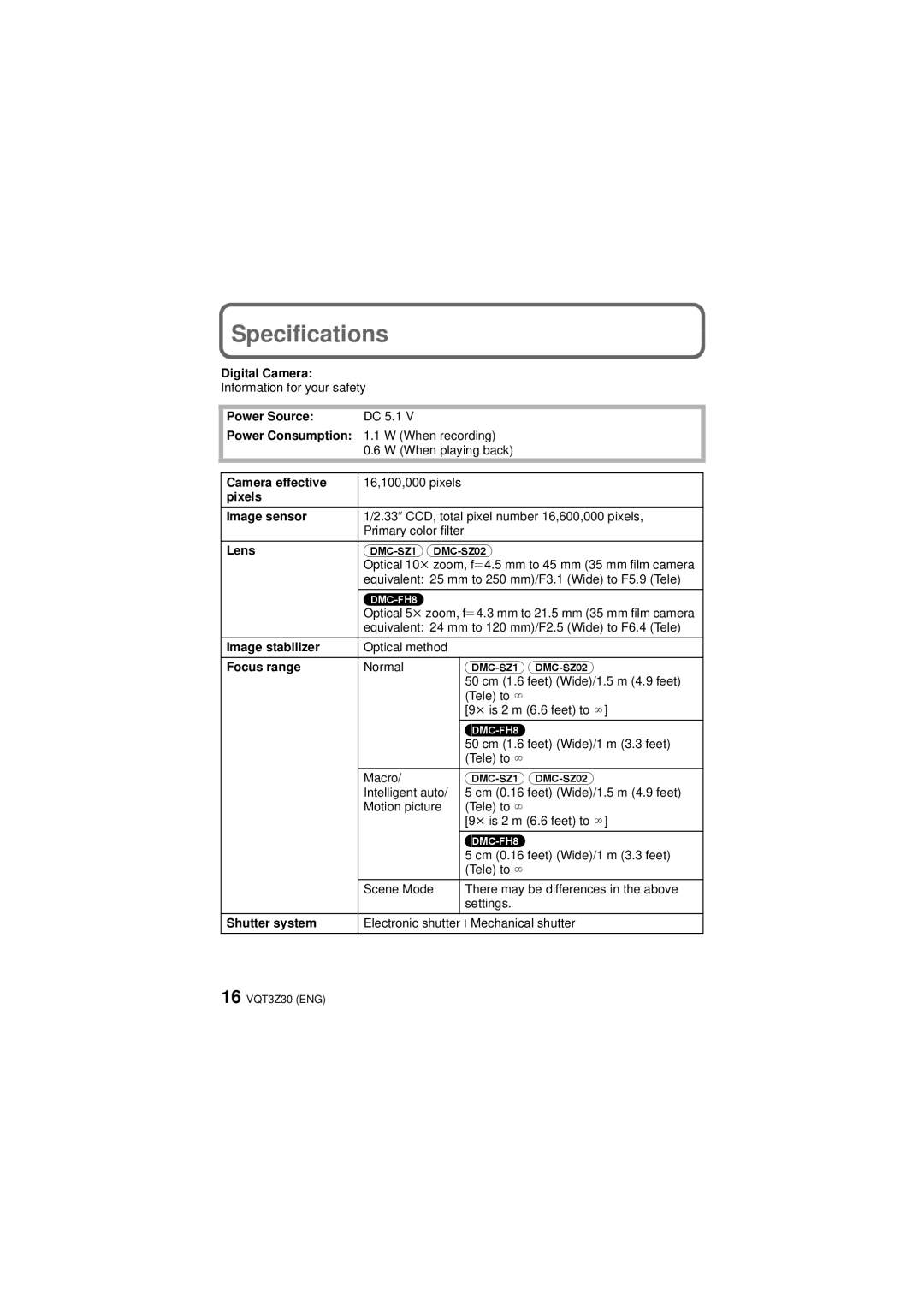 Panasonic DMC-FH8K, DMC-FH8V, DMC-FH8S, DMC-SZ1S, DMC-SZ02, DMC-SZ1A, DMC-SZ1K, DMC-SZ1R owner manual Specifications 