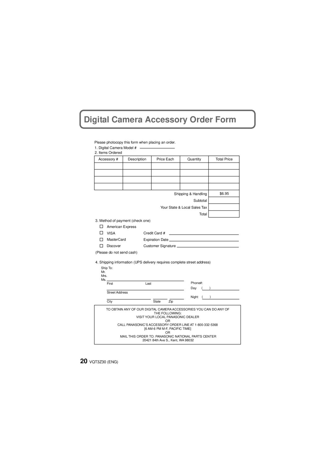 Panasonic DMC-SZ02, DMC-FH8K, DMC-FH8V, DMC-FH8S, DMC-SZ1S, DMC-SZ1A, DMC-SZ1K Digital Camera Accessory Order Form, Visa 