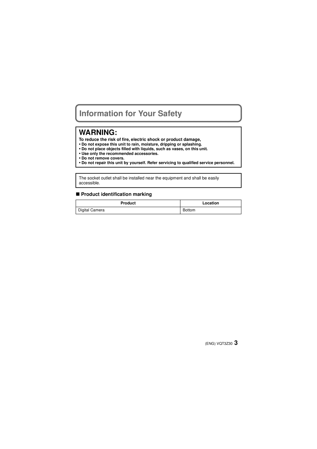 Panasonic DMC-SZ1S Information for Your Safety, Product identification marking, Product Location Digital Camera Bottom 